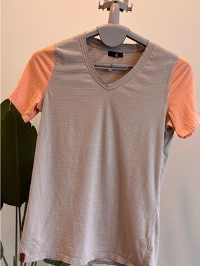 AMPERSAND AVE Short Sleeve V-Neck Tee in Light Gray with Peach Sleeves